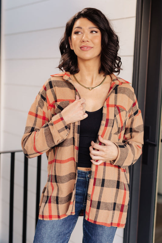 Mae Oversized Plaid Button Up front view camel orange black plaid flannel