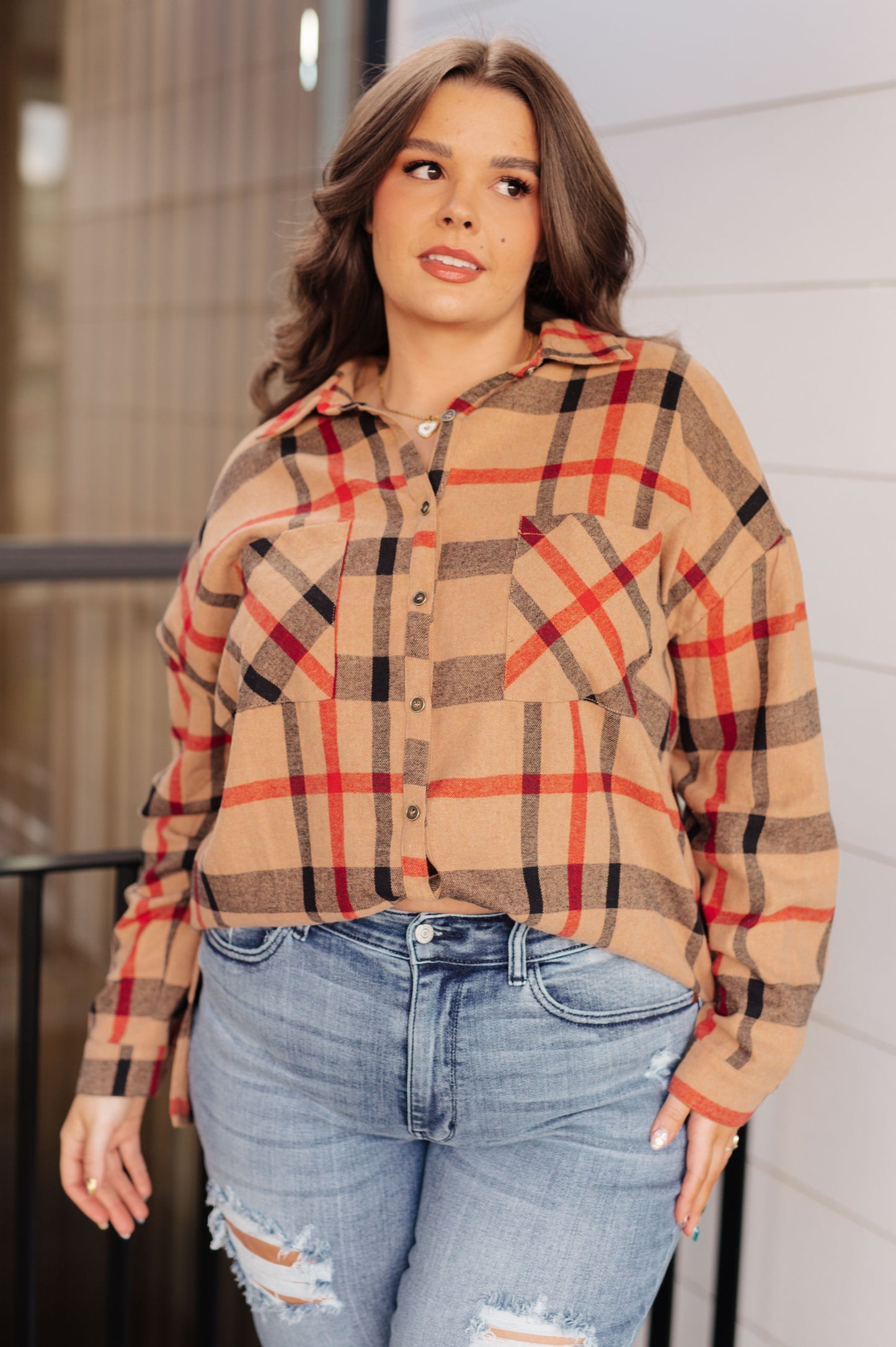 Mae Oversized Plaid Button Up plus size front view camel plaid shirt