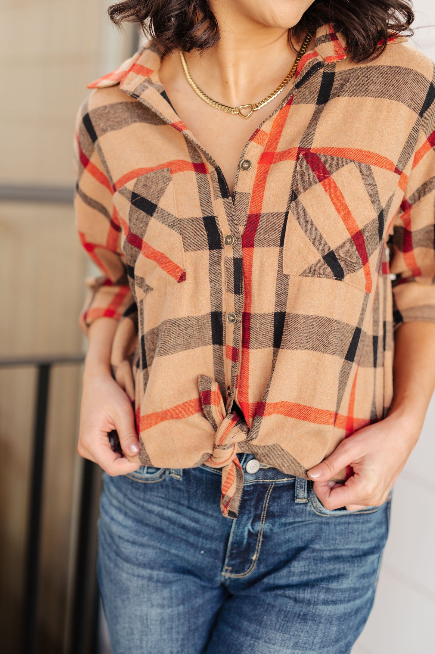 Mae Oversized Plaid Button Up close up of camel plaid fabric and buttons