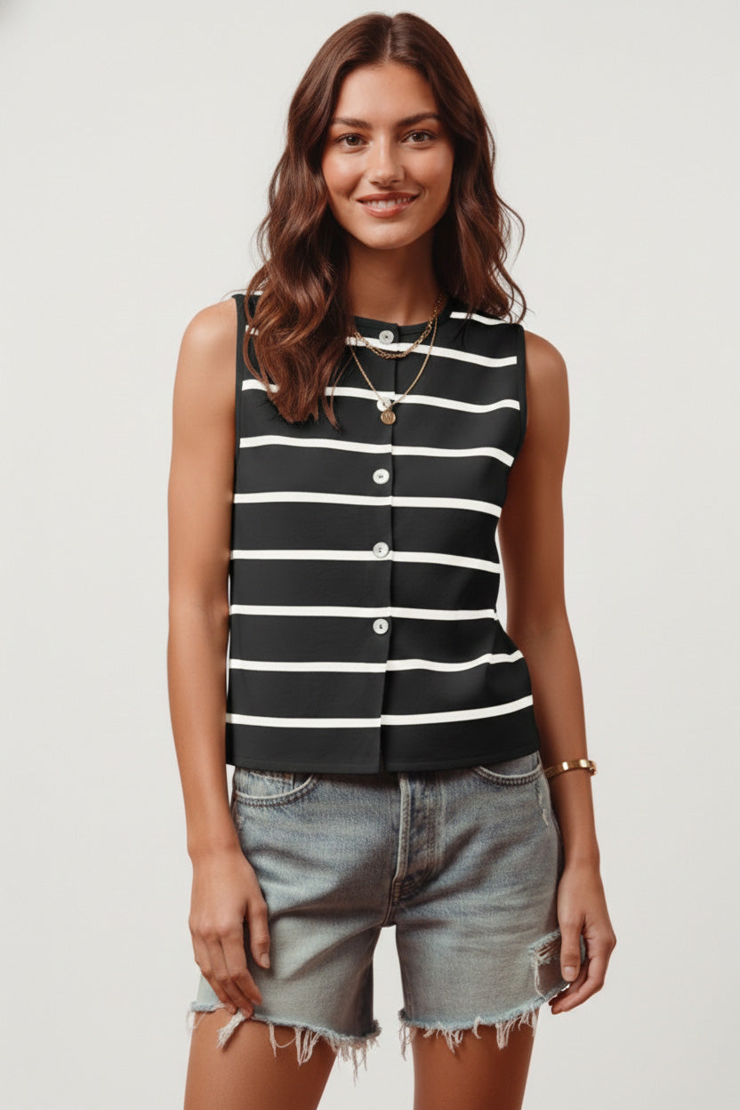 Model styling Jamie Button Front Stripe Fine Sweater Sleeveless Top with jeans.