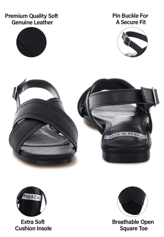 Close up of Jamon Classic Cross-Strap Buckled Flats in Black genuine leather detail.