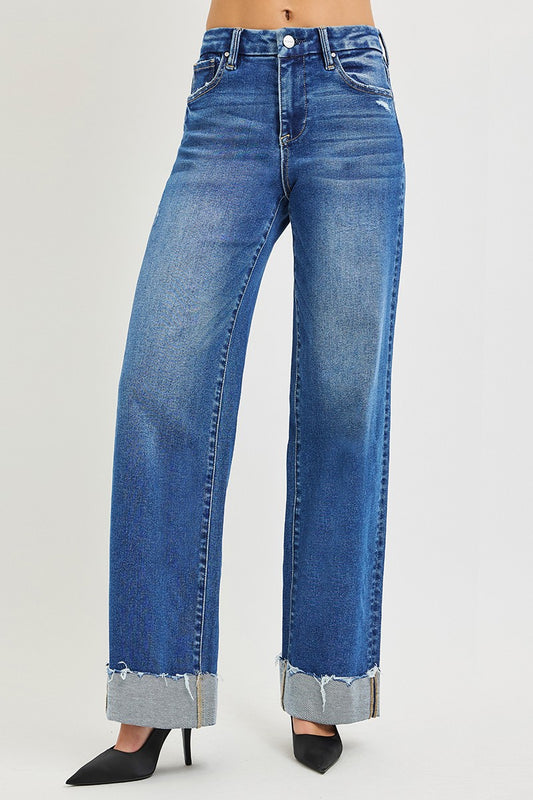 Front view of Josie High Rise Wide Leg Jeans by Risen high waist and relaxed fit.