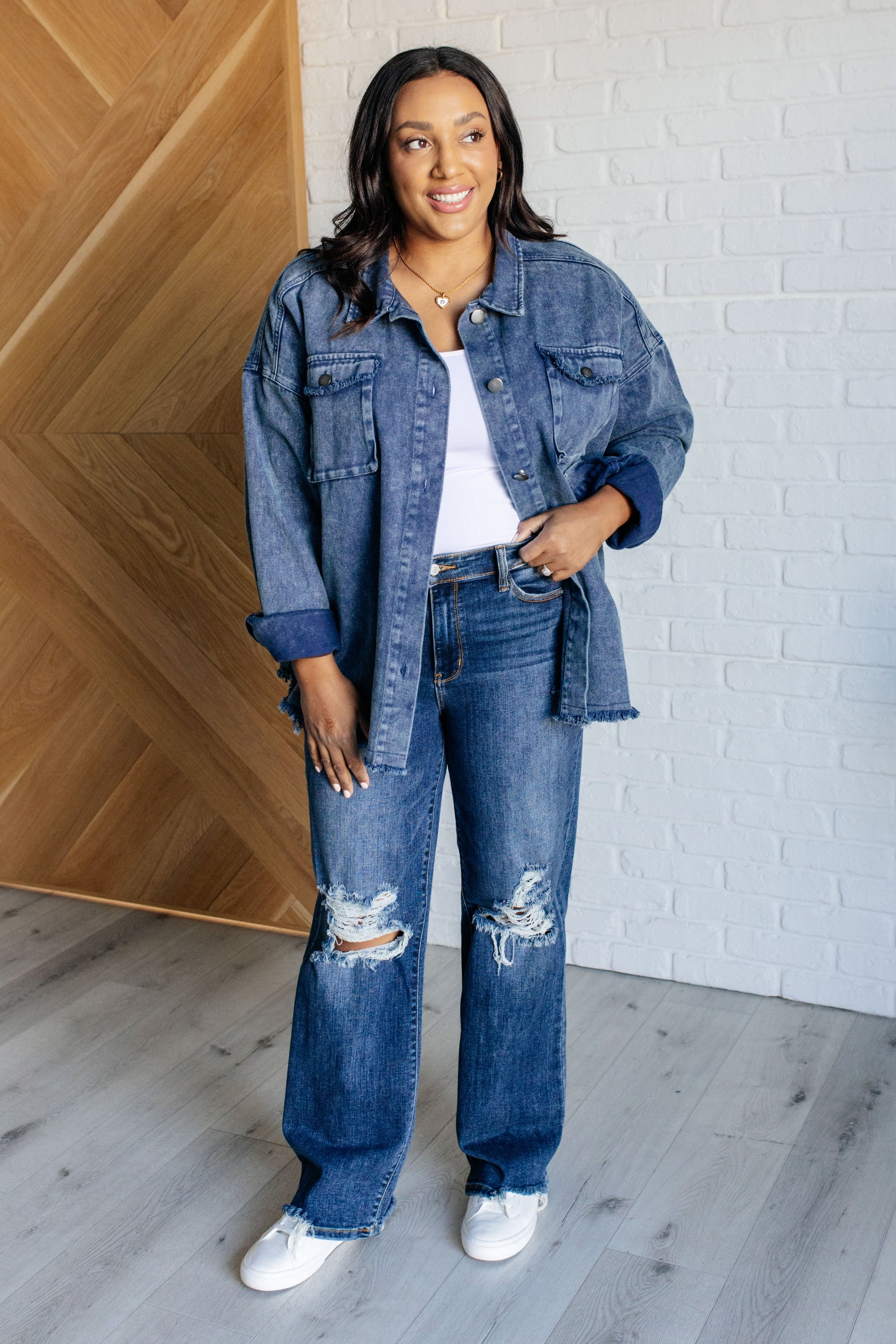 Plus size full body view of Fernanda Mineral Wash Shacket styled with jeans showing relaxed fit and raw hem.