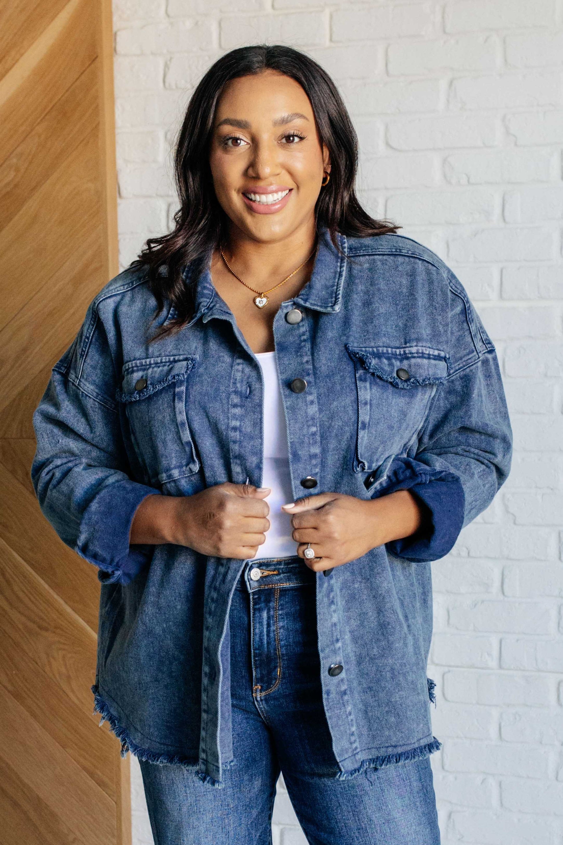 Plus size front view of Fernanda Mineral Wash Shacket highlighting mineral wash finish and dropped shoulders.