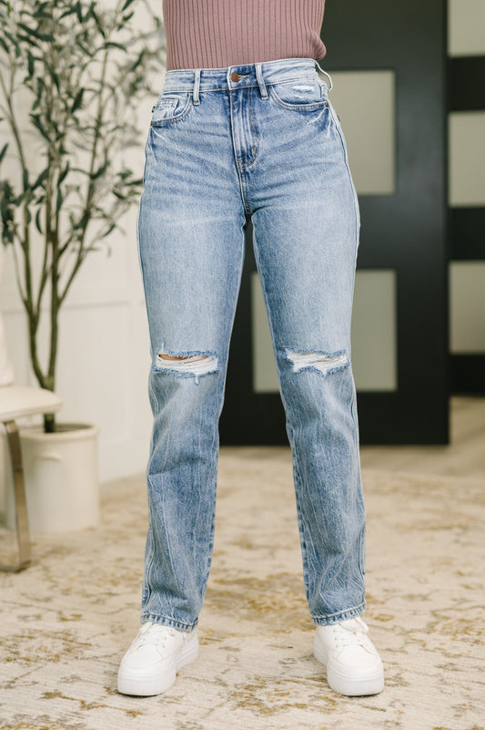 Judy Blue Kayla high rise slim straight jeans in light wash rigid magic denim