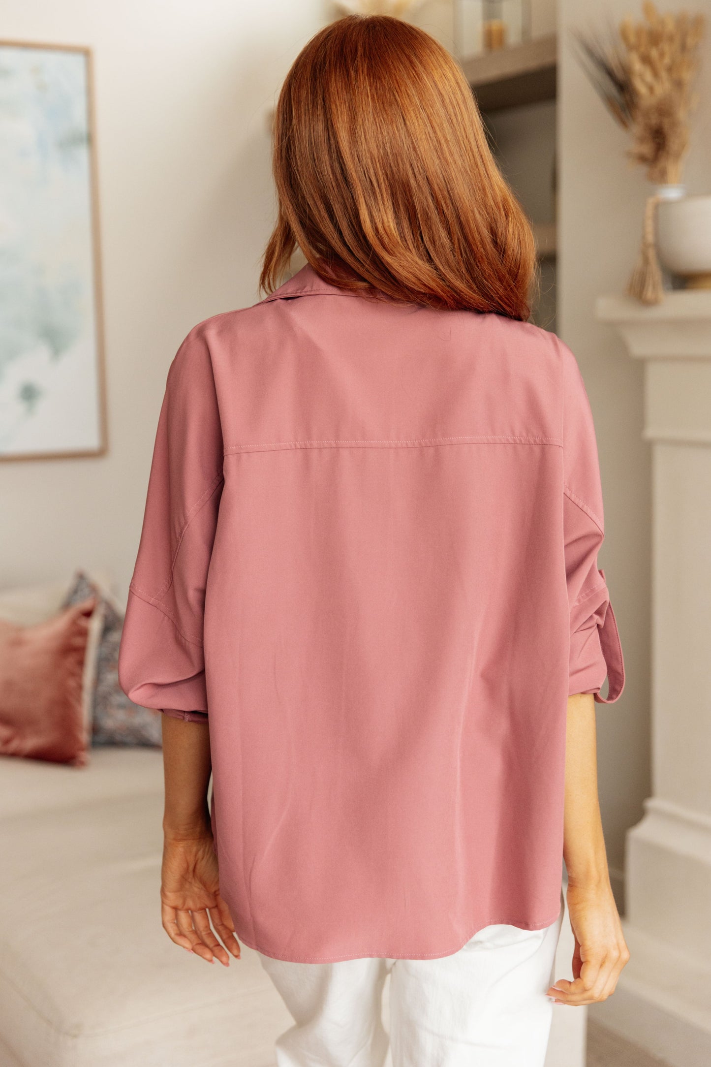 Promila Pink Button Up Top - Collared, Rolled Sleeve Style