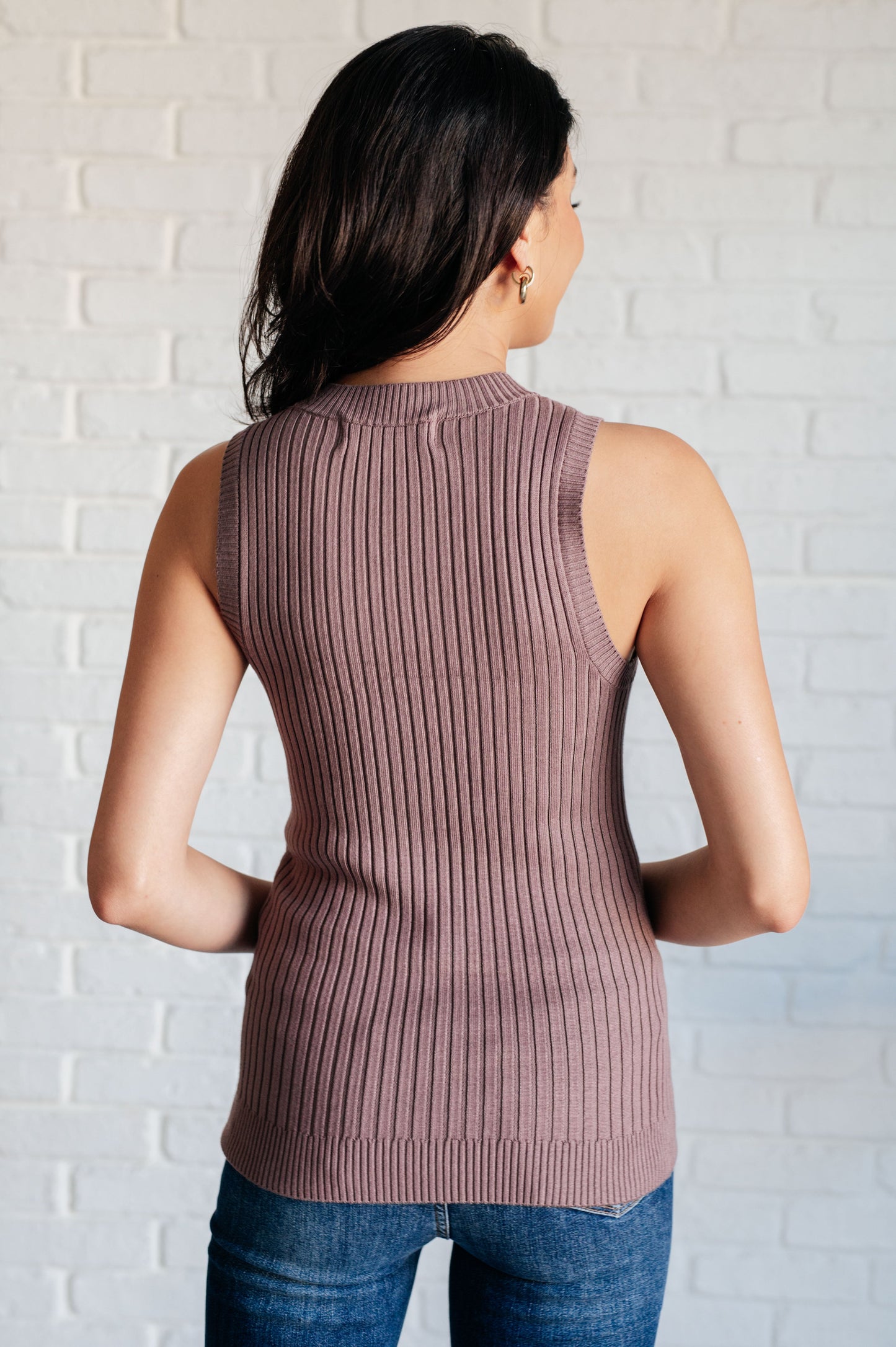 Back view of Lenny Ribbed Sweater Tank in brown ribbed knit with round neckline and banded trim detail.