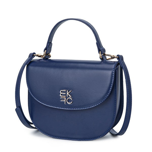 Blue Heloise Crossbody Bag in smooth vegan leather with gold hardware and adjustable strap.