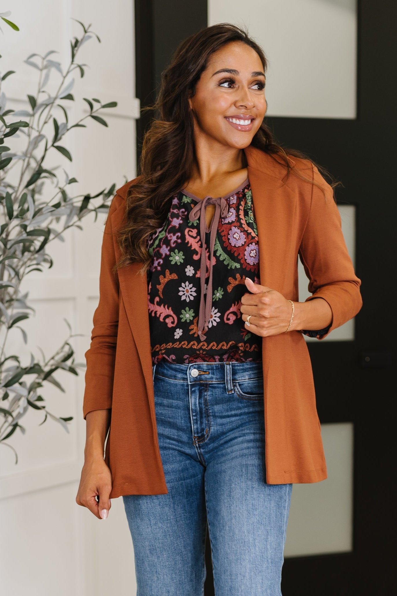 Devi Magic Blazer in Rust – Ruched Sleeves, Ponte Knit