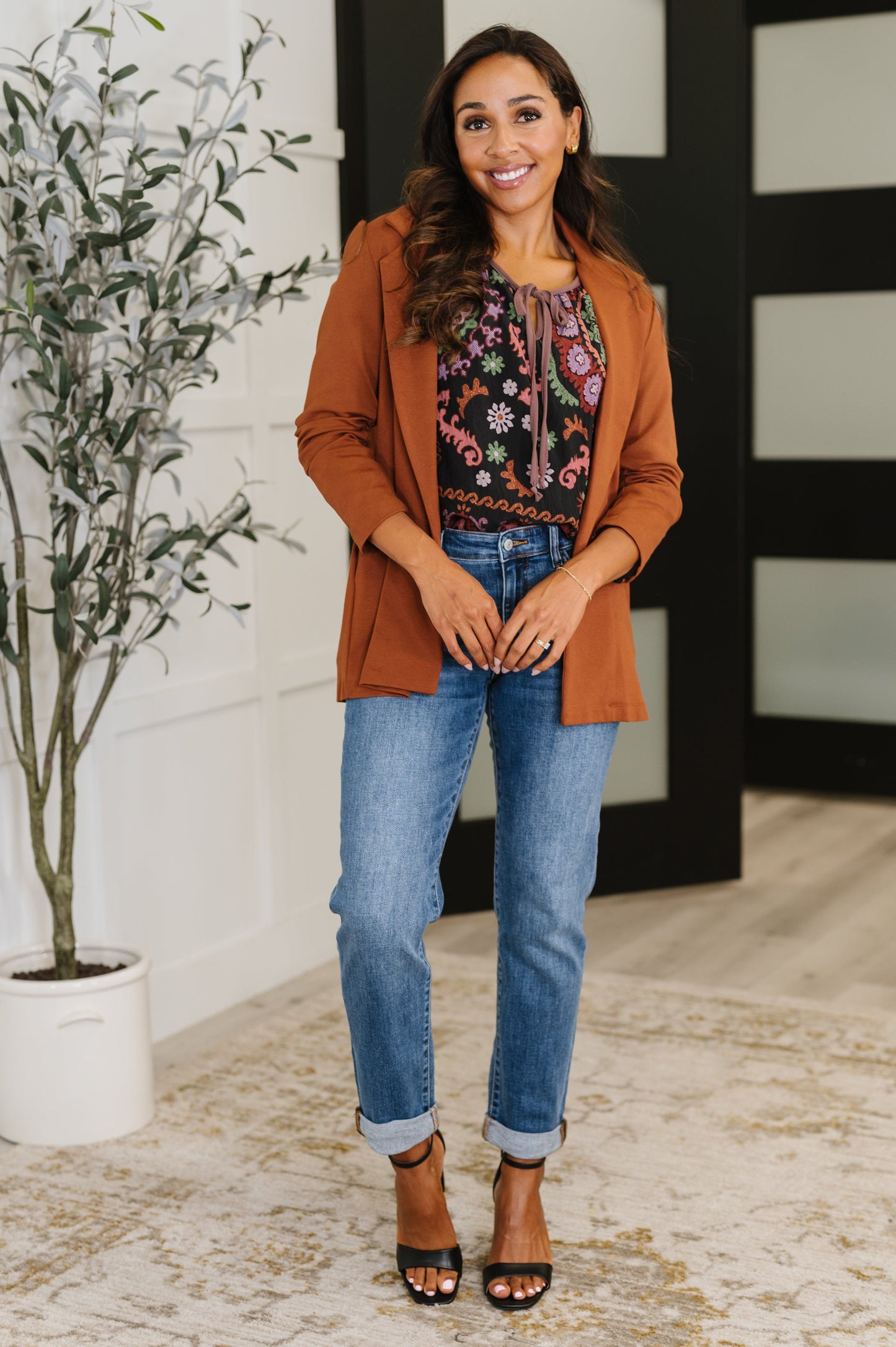 Devi Magic Blazer in Rust – Ruched Sleeves, Ponte Knit