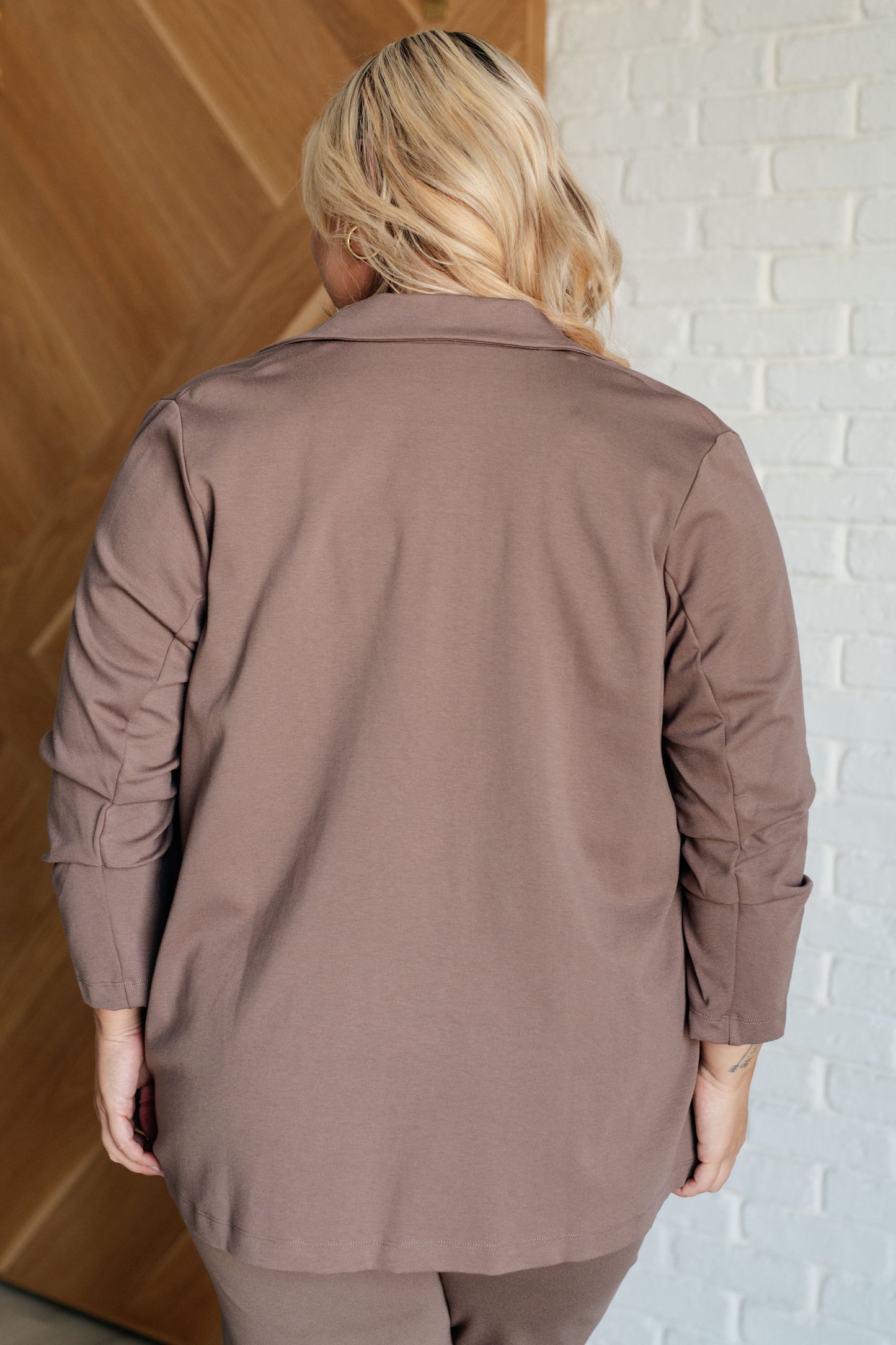 Back view plus size Devi Magic Blazer in dark mocha, modern slim fit.