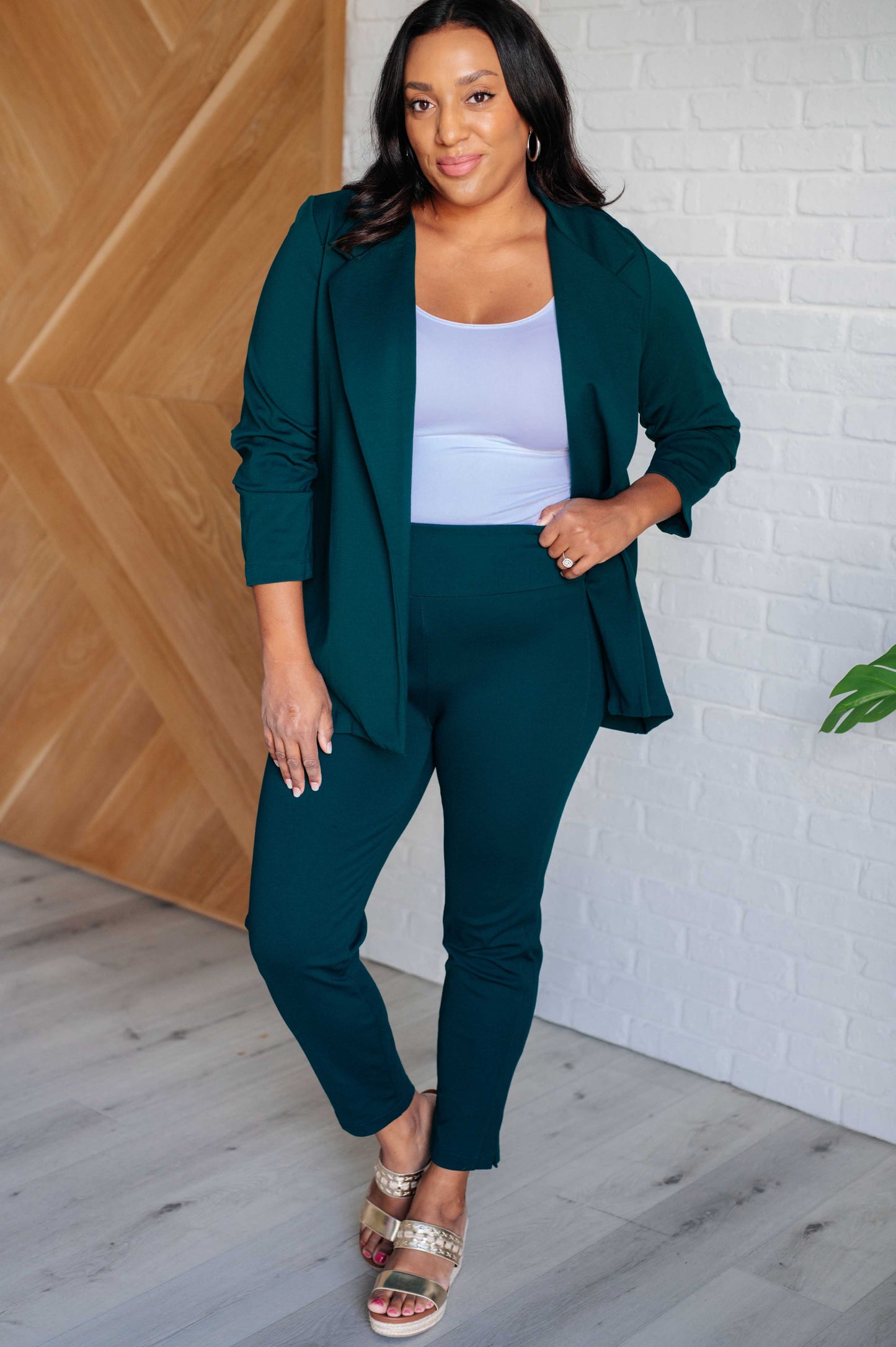 Plus size full body view in Hunter Green Midge Magic Skinny Pants with polished slim silhouette.