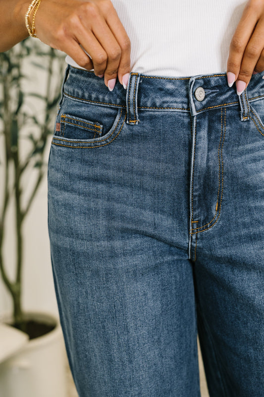 Close-up of Marie Wilhelmina Baggy Jeans showing button fly detail.