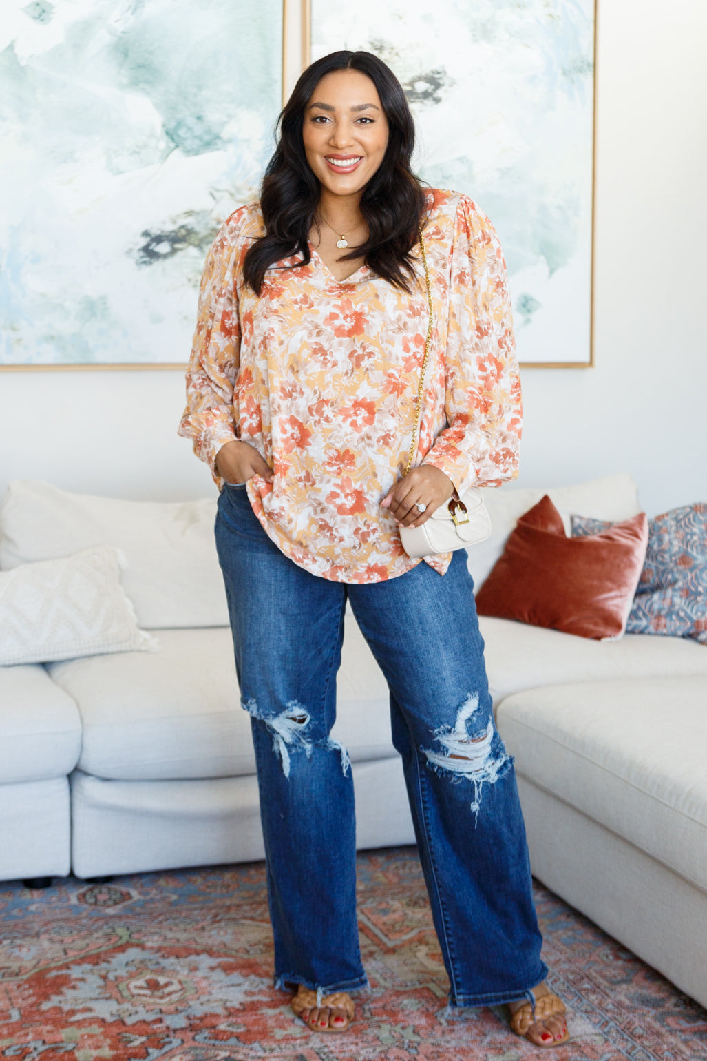 Plus size full body view of Marigold Floral Blouse with v-neckline fit