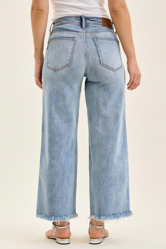 Back view of Mary Mid Rise Wide Leg Jeans by Judy Blue light wash stretch denim fit.