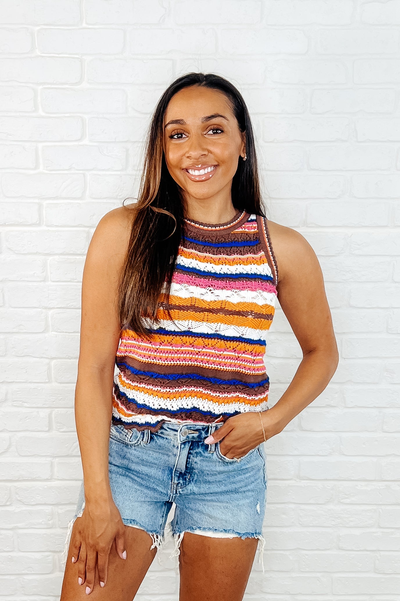 Araya Striped Knit Tank – Brown Multi Stripe, Sleeveless, Scalloped Hem, Round Neck.