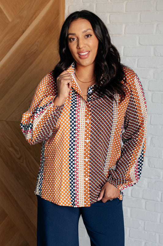 Plus size front view of Madona Polka Dot Top with button front and collared neckline.