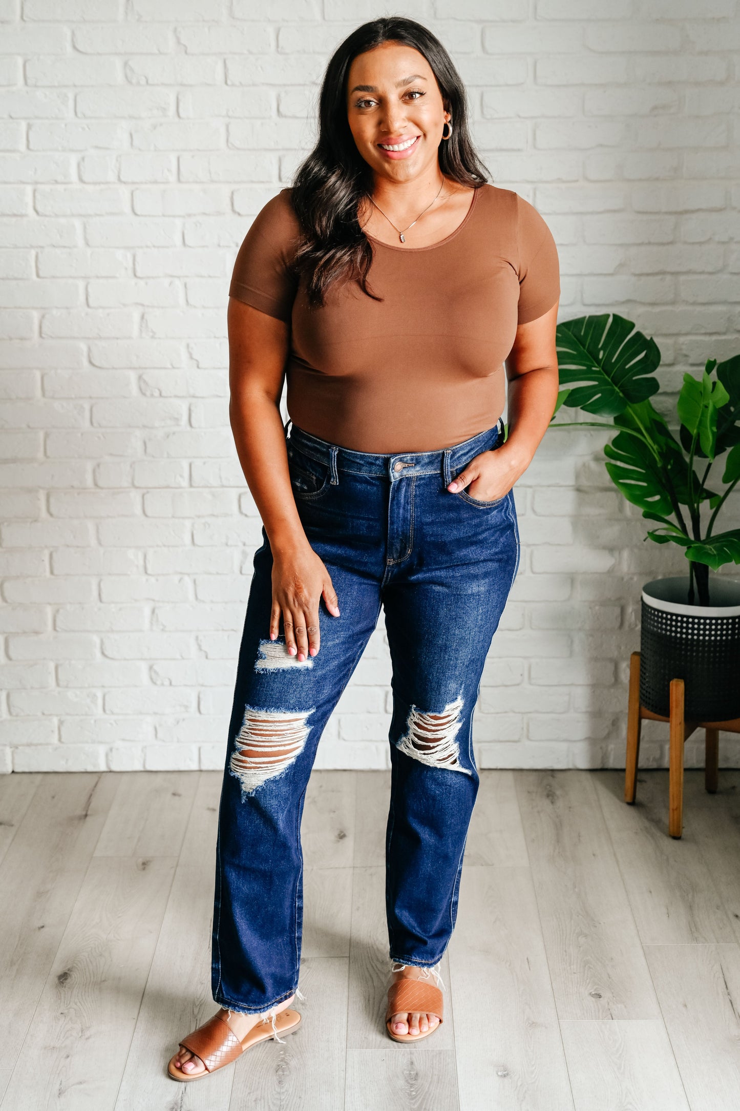 Plus size full body view in Montana Distressed High Rise Judy Blue Jeans.
