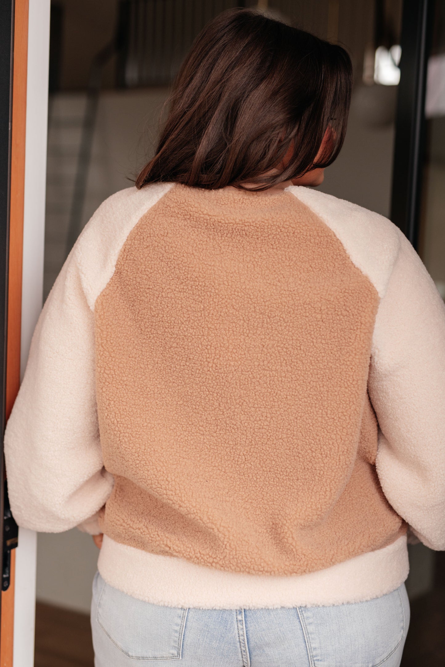 Back view of plus size Mia Teddy Bomber Jacket showing plush Sherpa and relaxed fit.