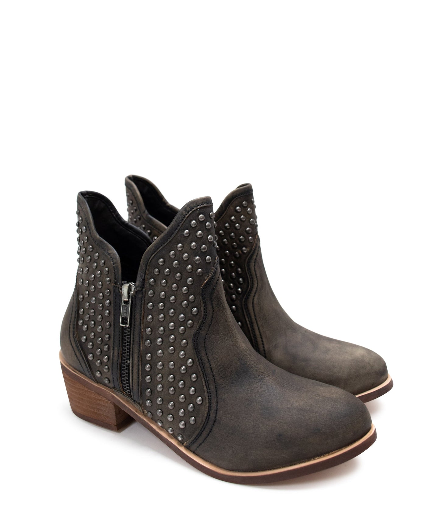 Front angle of Nellie Studded Ankle Boots in black leather, highlighting edgy studded design.
