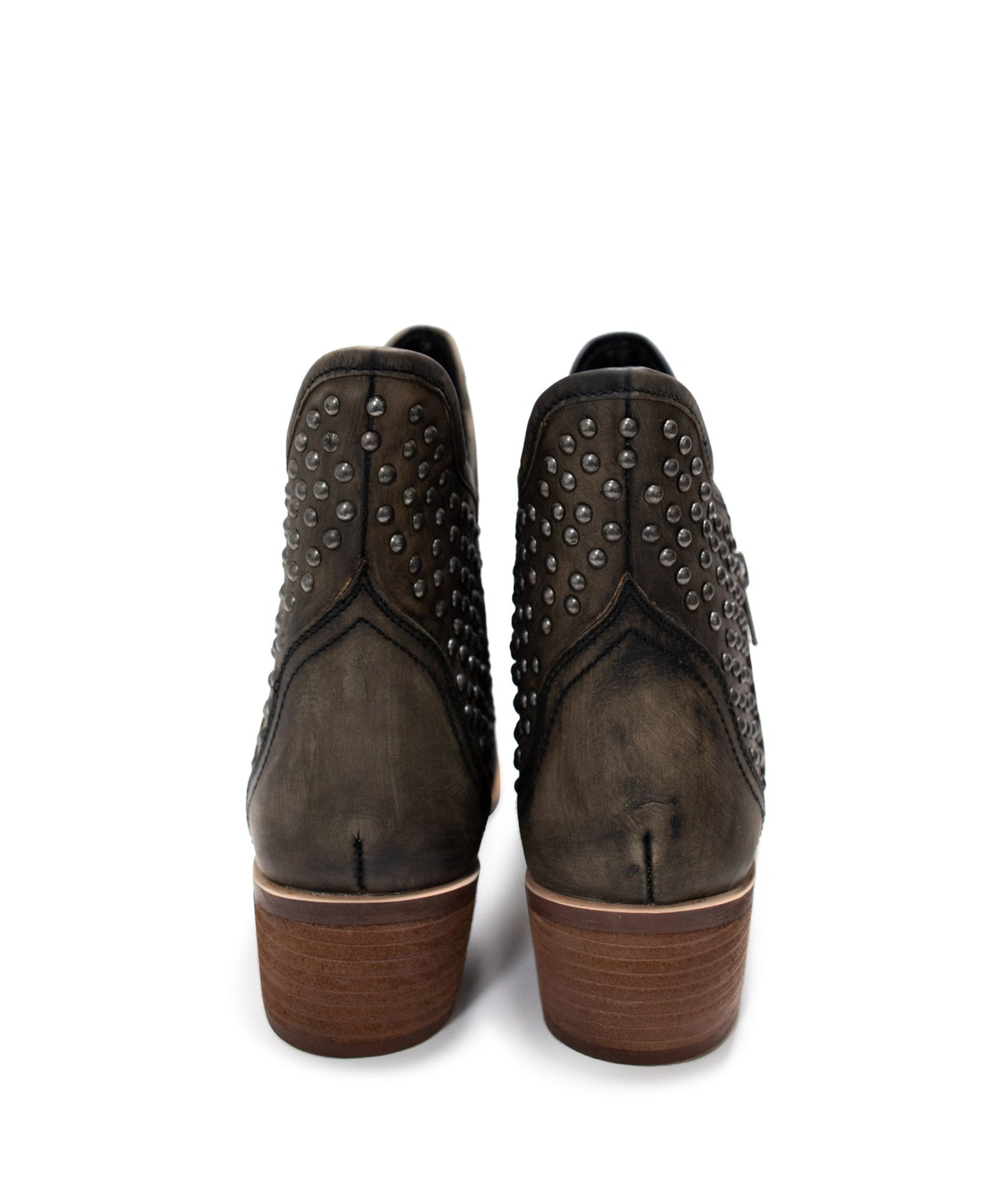 Back view of Nellie Studded Ankle Boots with studded heel detail and sturdy rubber sole.