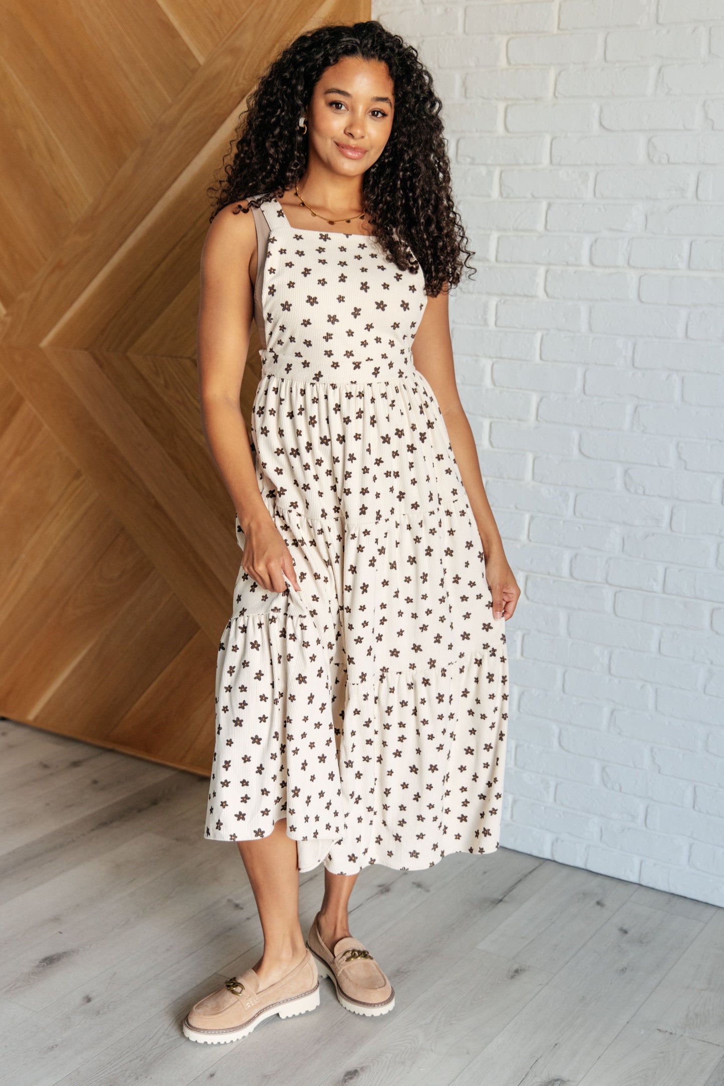 Front view of Nat Flower Dress with adjustable straps and square neckline.