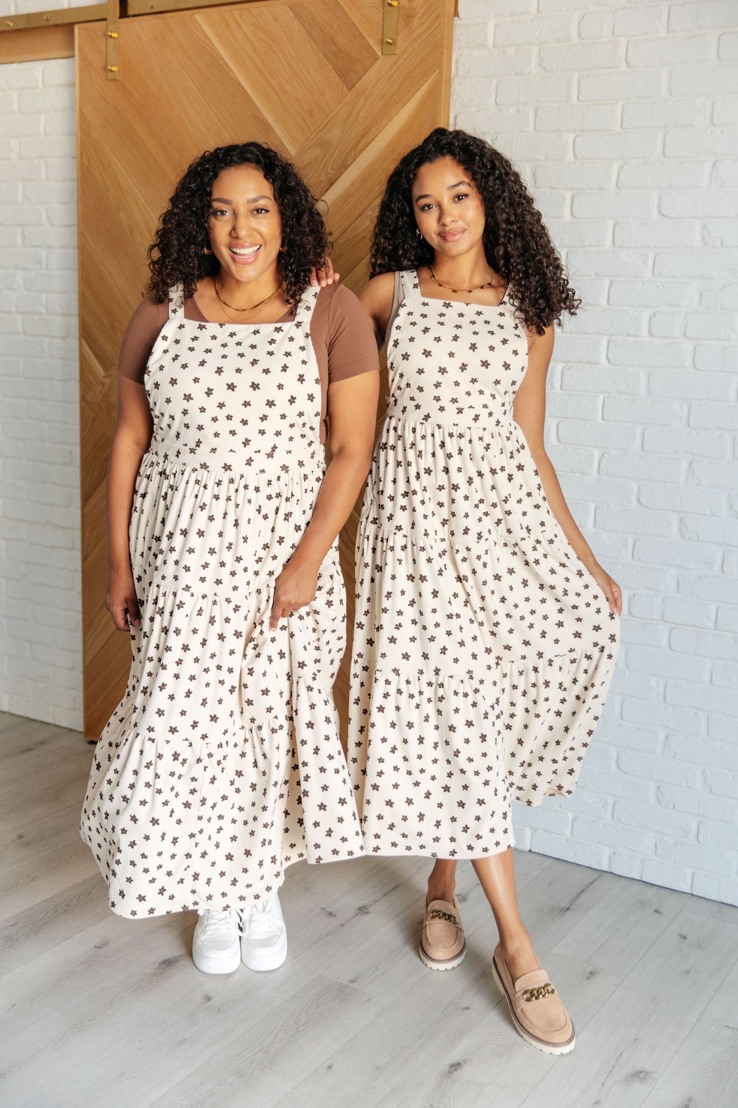 wo women in Nat Flower Corduroy Dress, showcasing floral style and size inclusivity, S–3X.