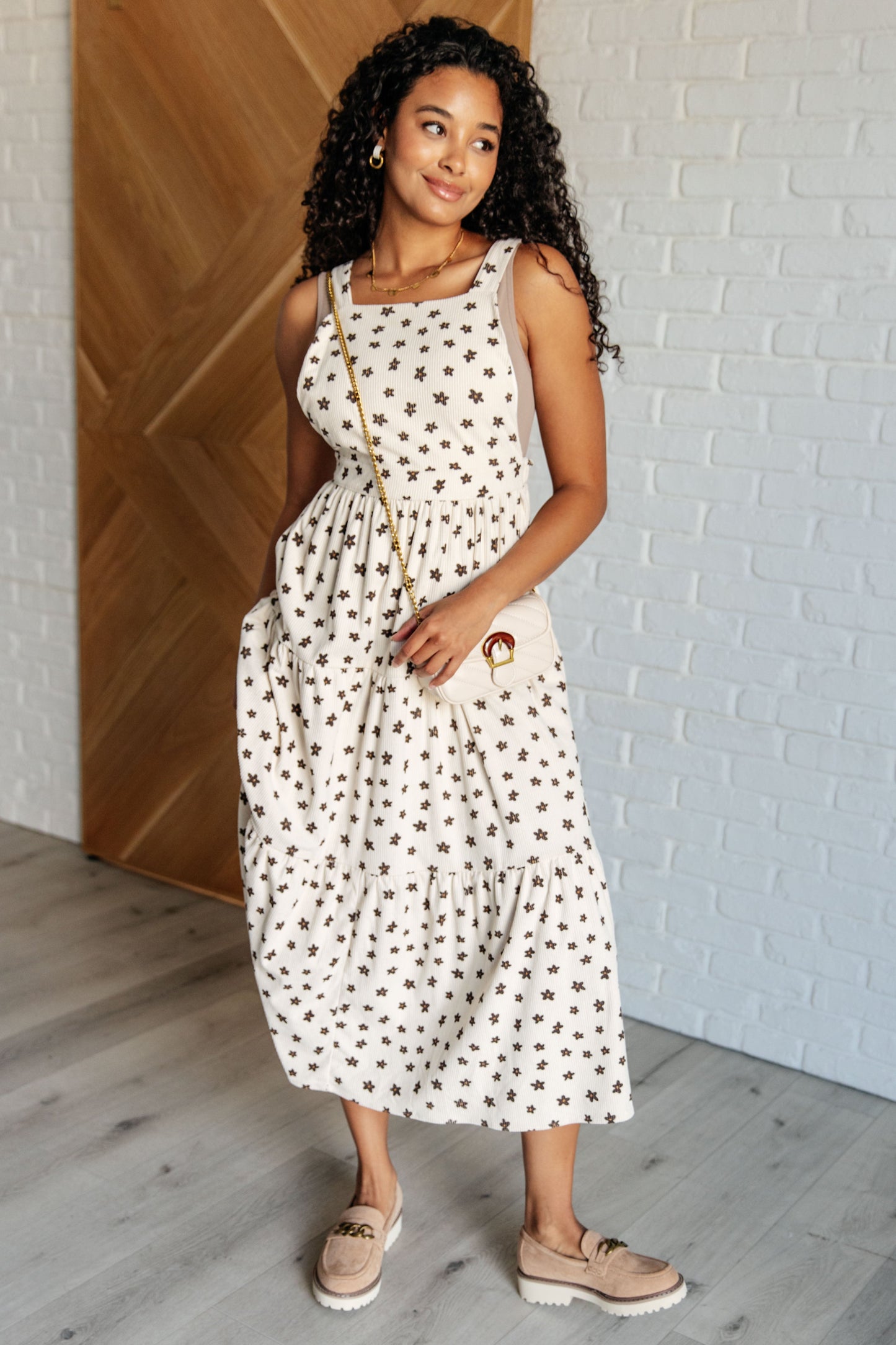 Floral Nat Flower Corduroy Dress shown from the front, tiered skirt and lined bodice.