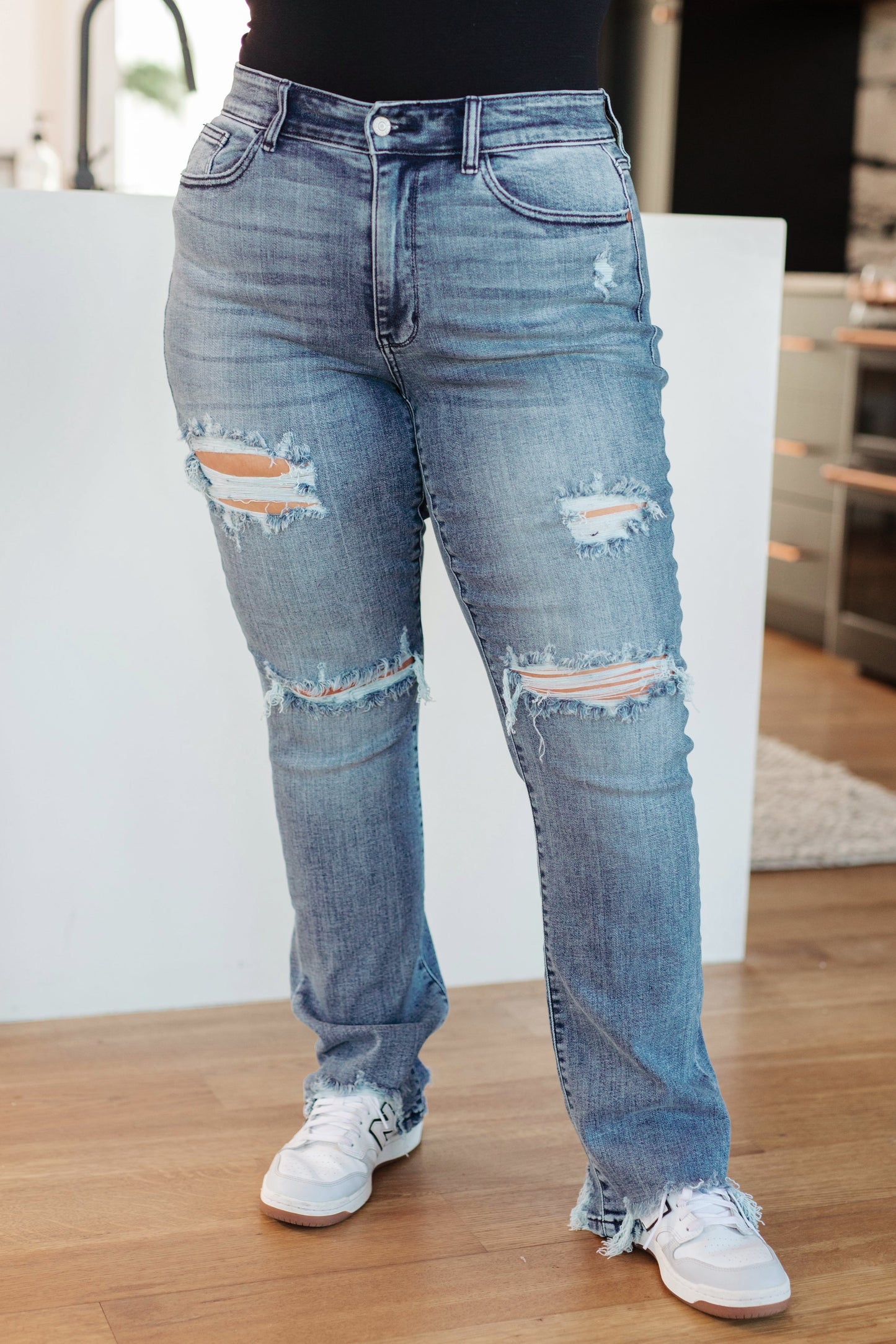 Plus size front view of O’Hara Judy Blue mid-rise destroyed straight jeans with distressed knees