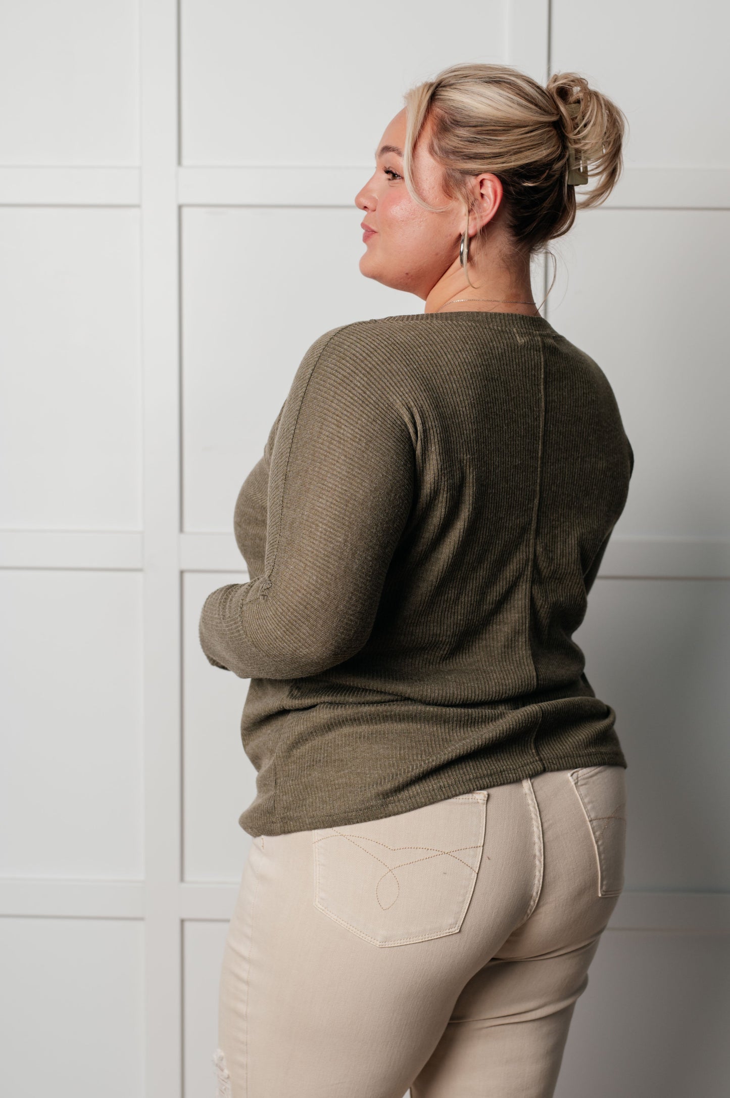 Plus side view Joplin Ribbed Knit V-Neck Top in khaki showing ribbed texture