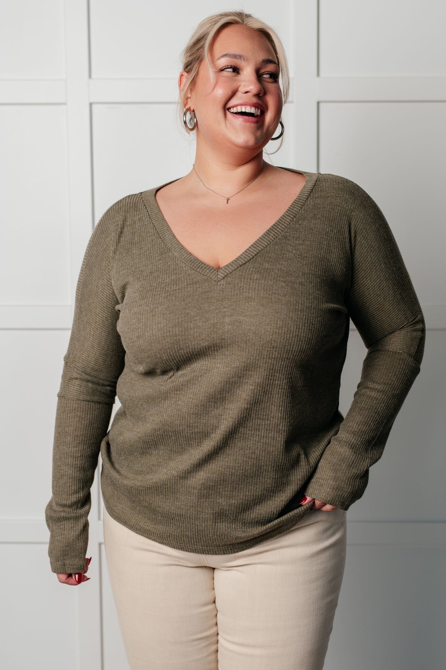 Plus front view Joplin Ribbed Knit V-Neck Top in khaki with dropped shoulders