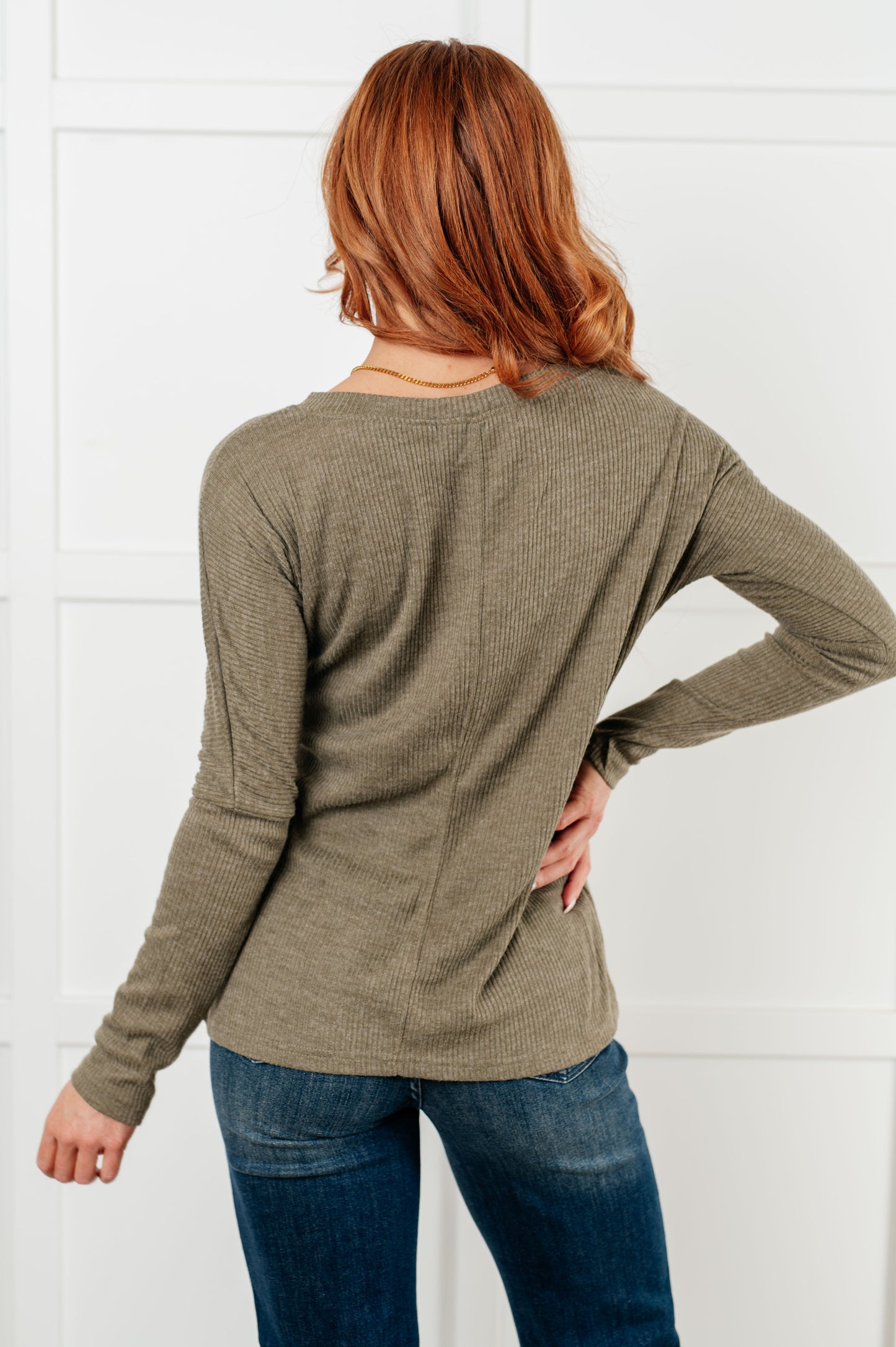 Back view Joplin Ribbed Knit V-Neck Top in khaki with relaxed dropped shoulders