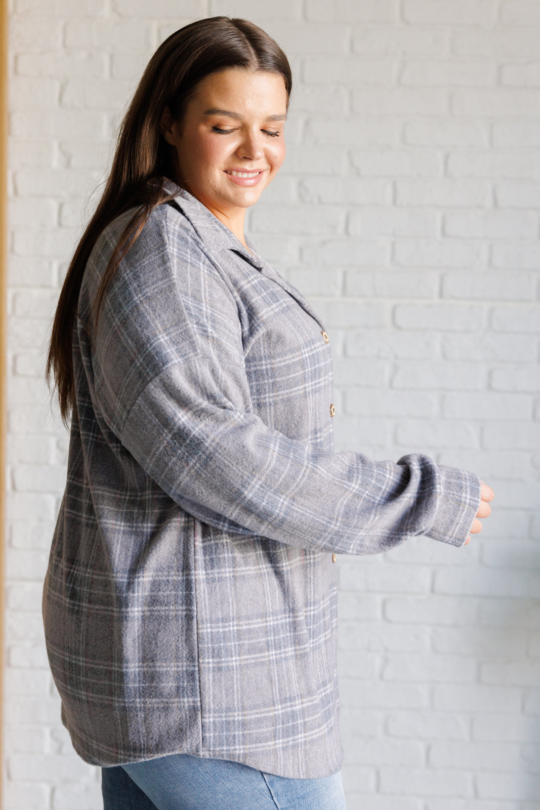Plus size Harvey Plaid Button Up side view highlighting brushed hacci fabric and plaid print.
