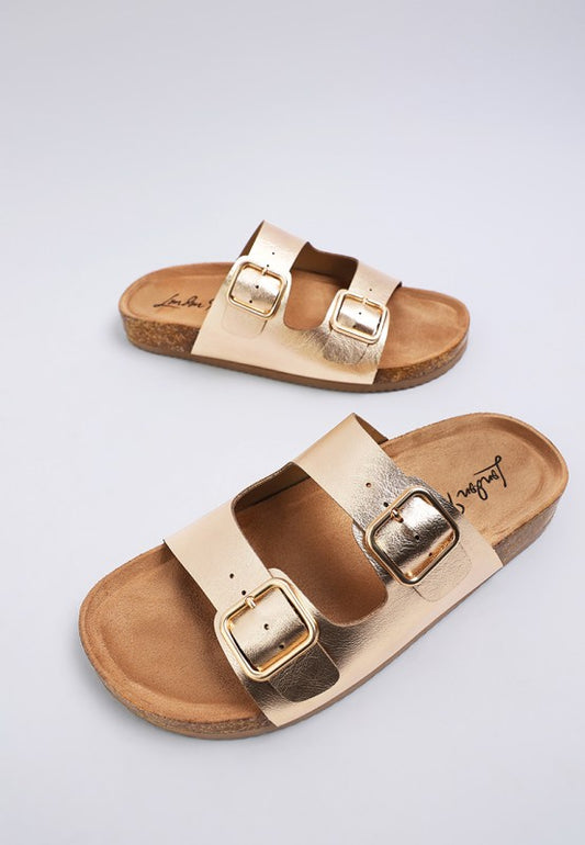 Side view of Parla Metallic Double Buckle Sandals by Rag Company cork footbed and straps.