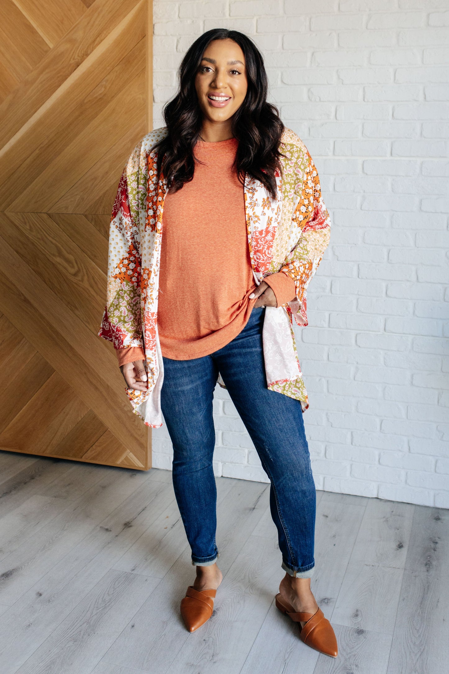 Plus size full body view of Patch Mixed Floral Kimono showing relaxed, flowy silhouette.