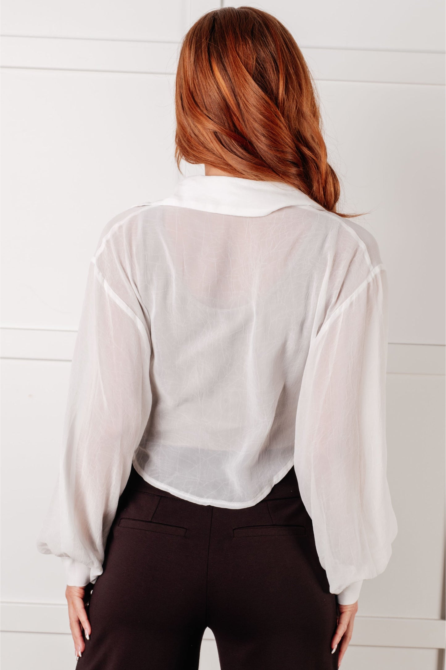 Paulomi Tie Front Shirt - White, Cropped, Button-Up, Balloon Sleeves