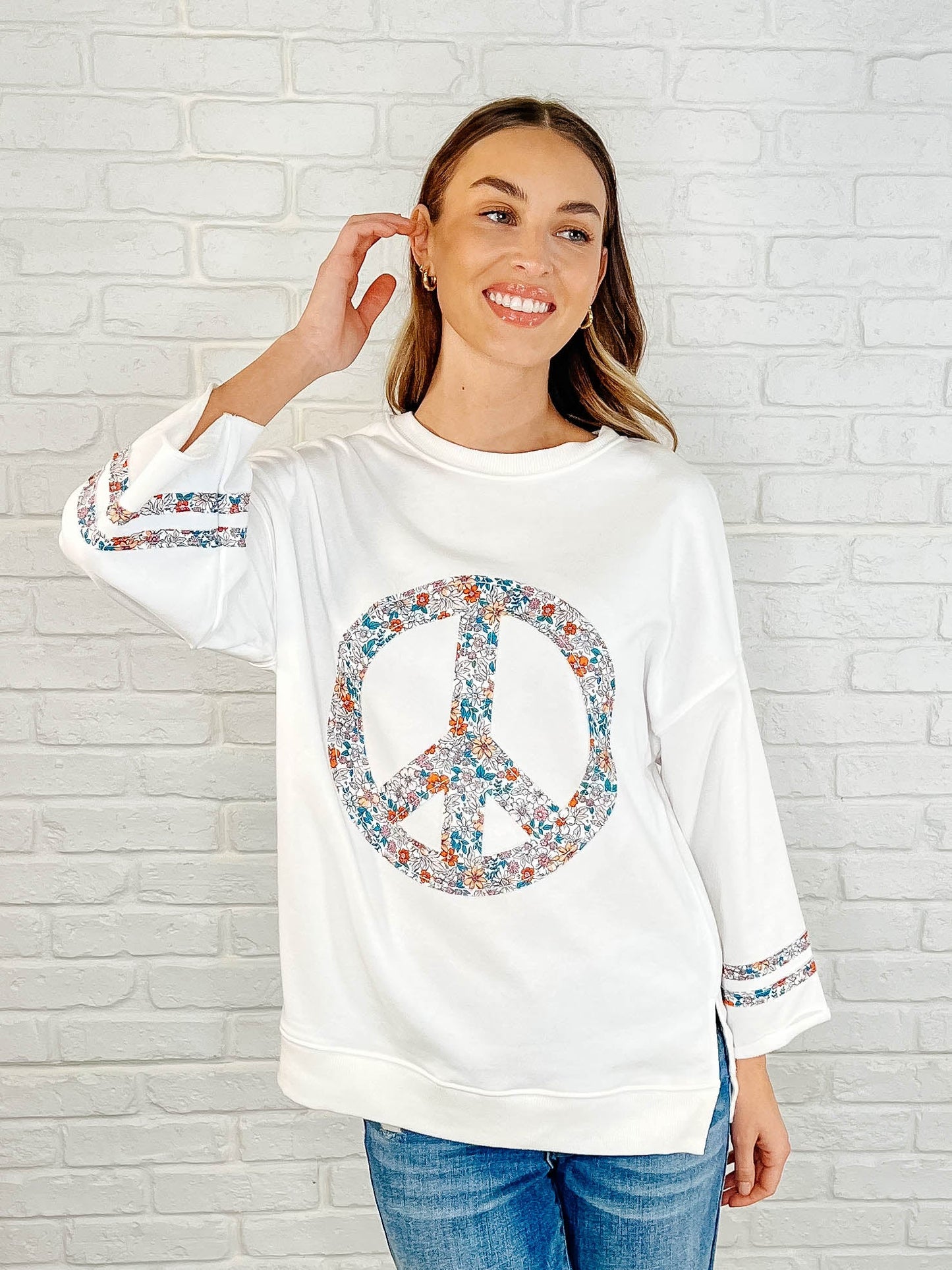 Serenity Peace Sign Top – French Terry, Floral Appliqué, Drop Shoulder