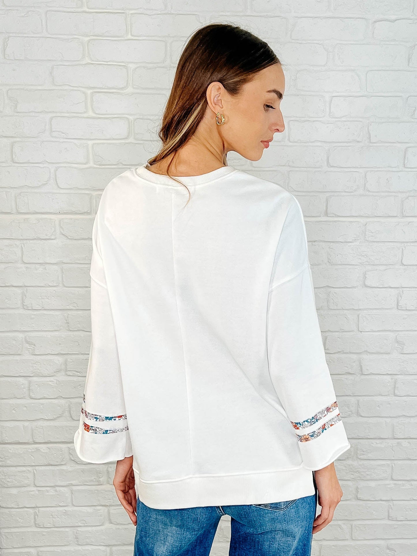 Serenity Peace Sign Top – French Terry, Floral Appliqué, Drop Shoulder