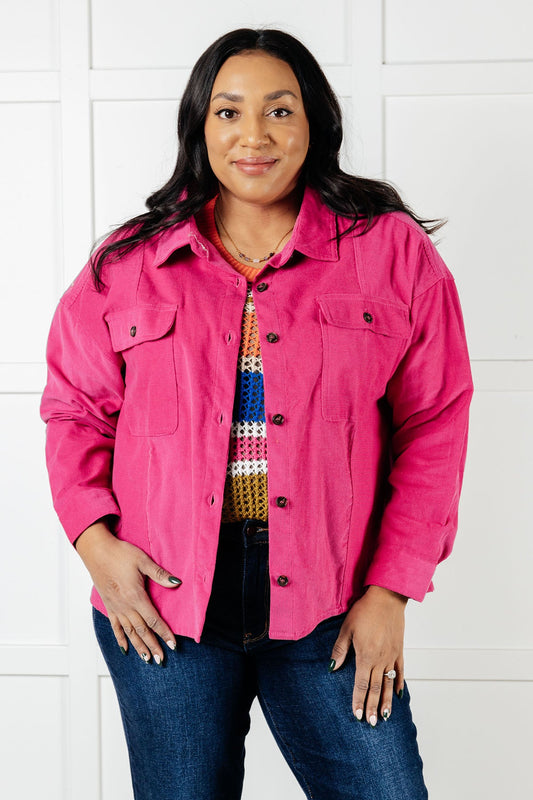 Plus size model wearing Poppy Pink Jacket in lightweight pink corduroy.