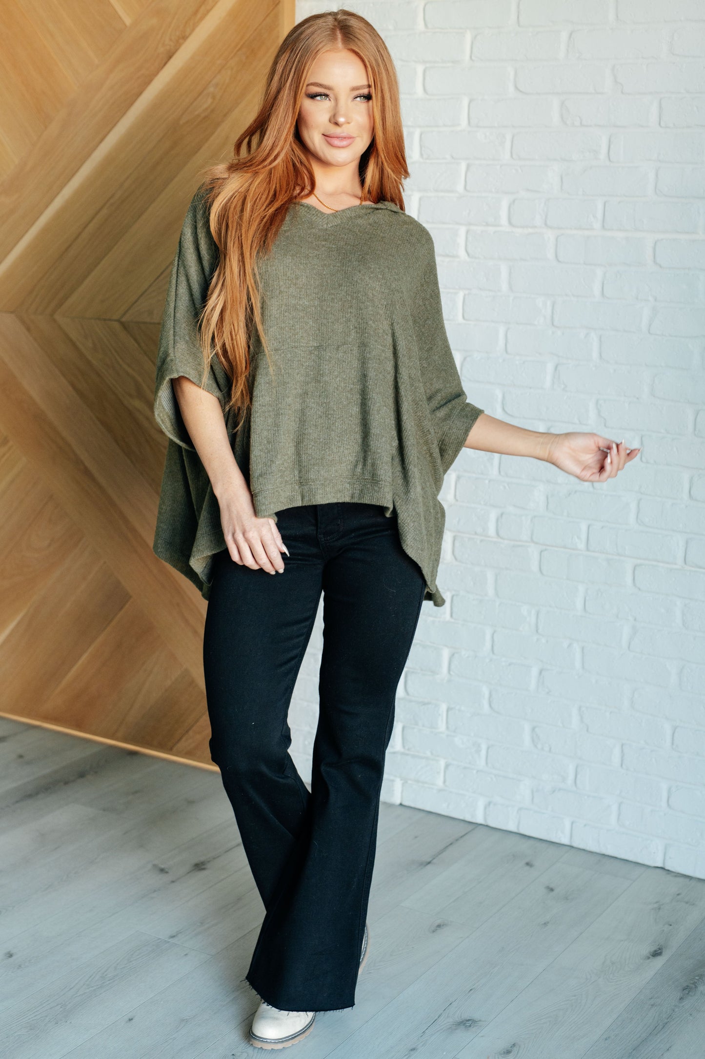 Full body view of Salma Hooded Poncho in Olive