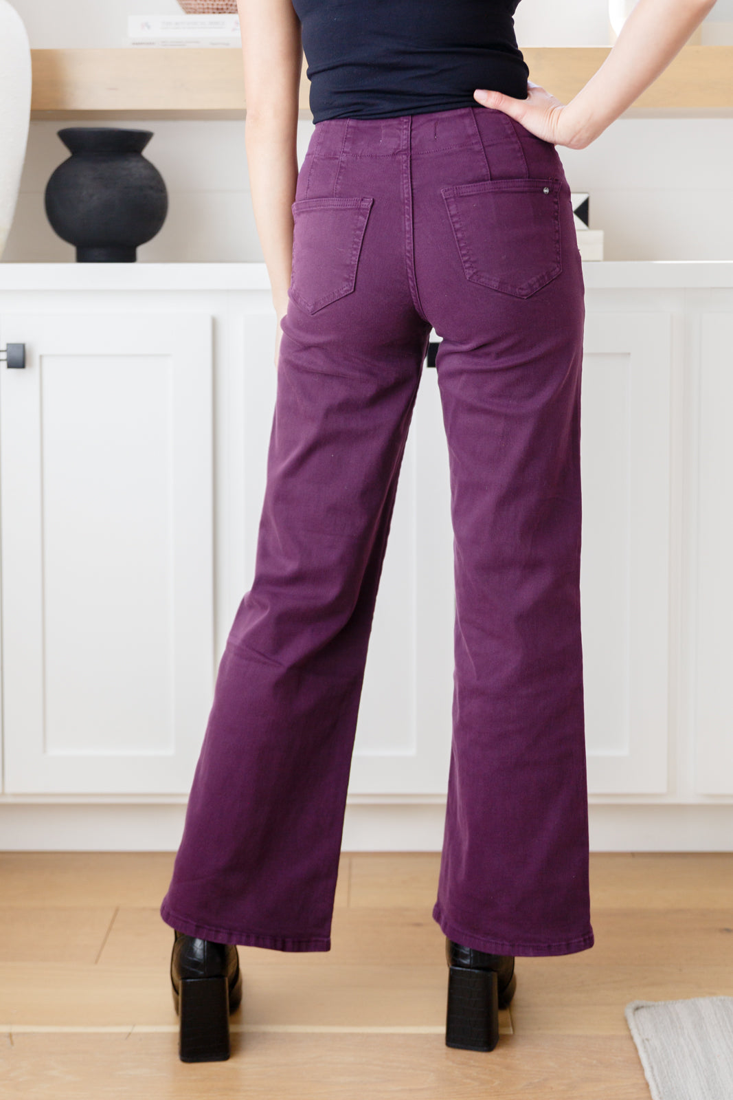 Back view of Petunia Wide Leg Jeans in plum with clean lines and tailored waistband detail.