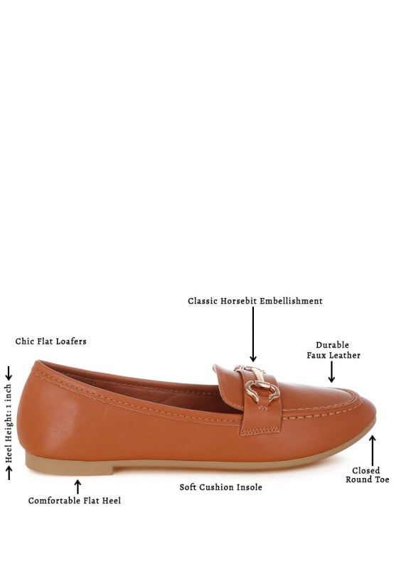Side view of Pingle Horsebit Faux Leather Loafers in Tan flat heel casual office shoes.
