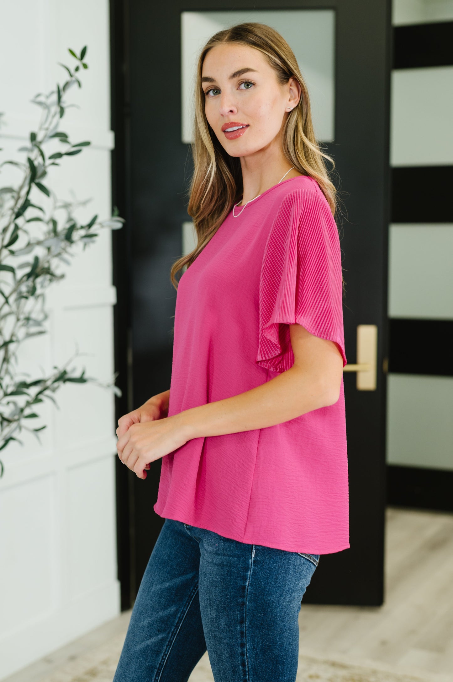 Peyton Ruffle Sleeve Top - Pink Plisse, Textured Woven, Relaxed Fit