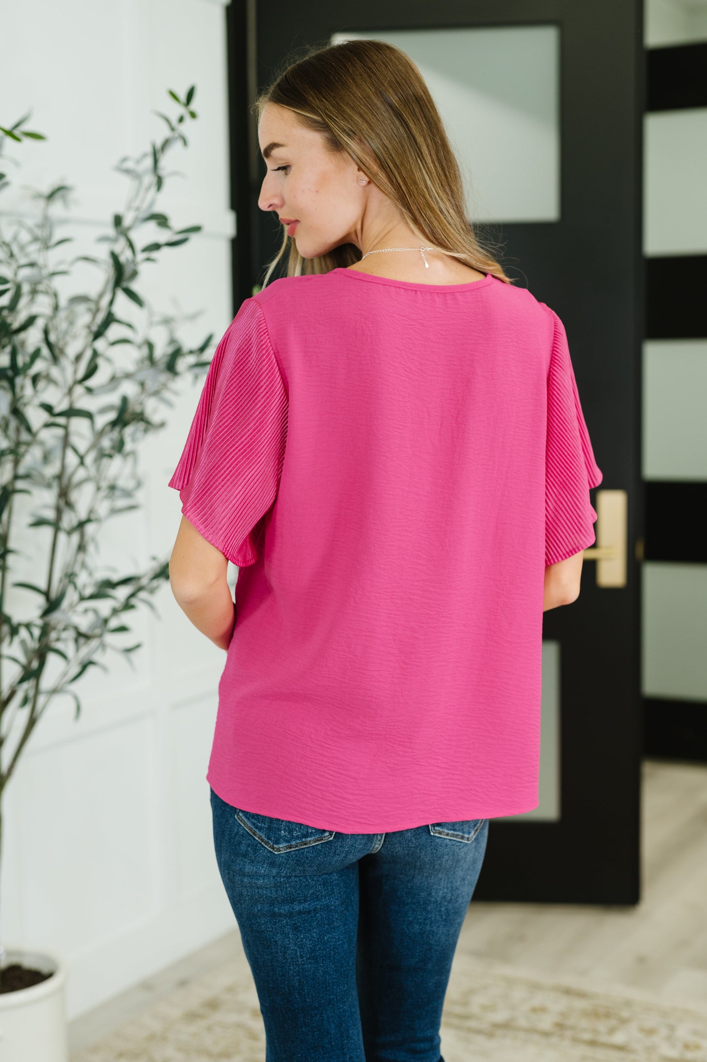 Peyton Ruffle Sleeve Top - Pink Plisse, Textured Woven, Relaxed Fit