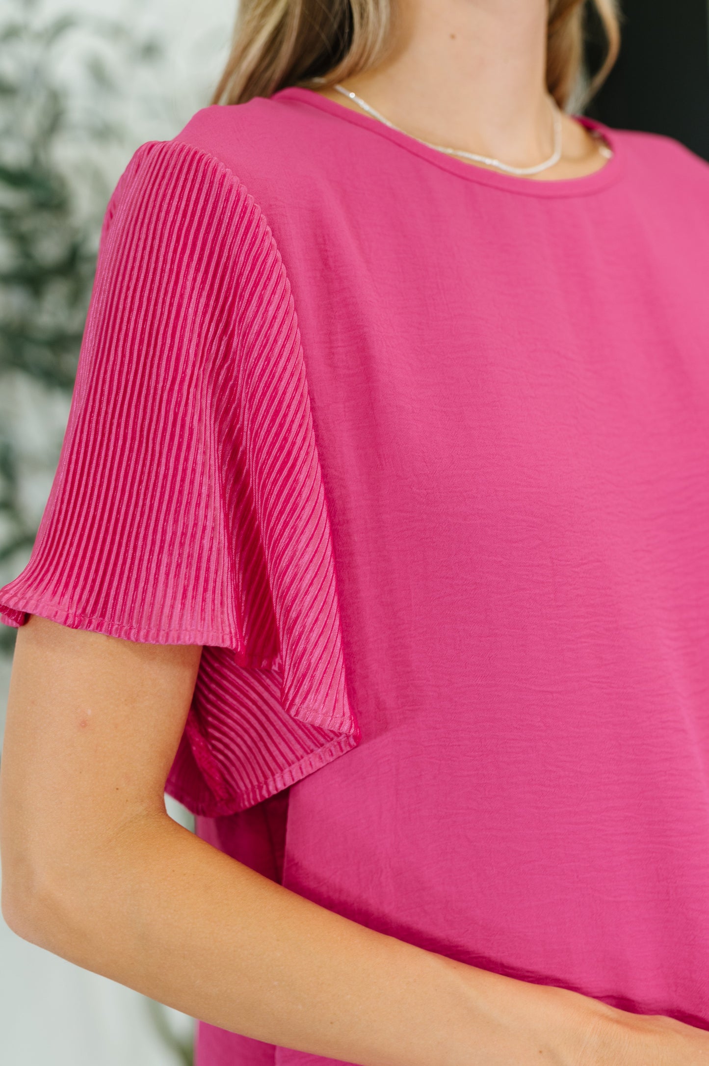 Peyton Ruffle Sleeve Top - Pink Plisse, Textured Woven, Relaxed Fit