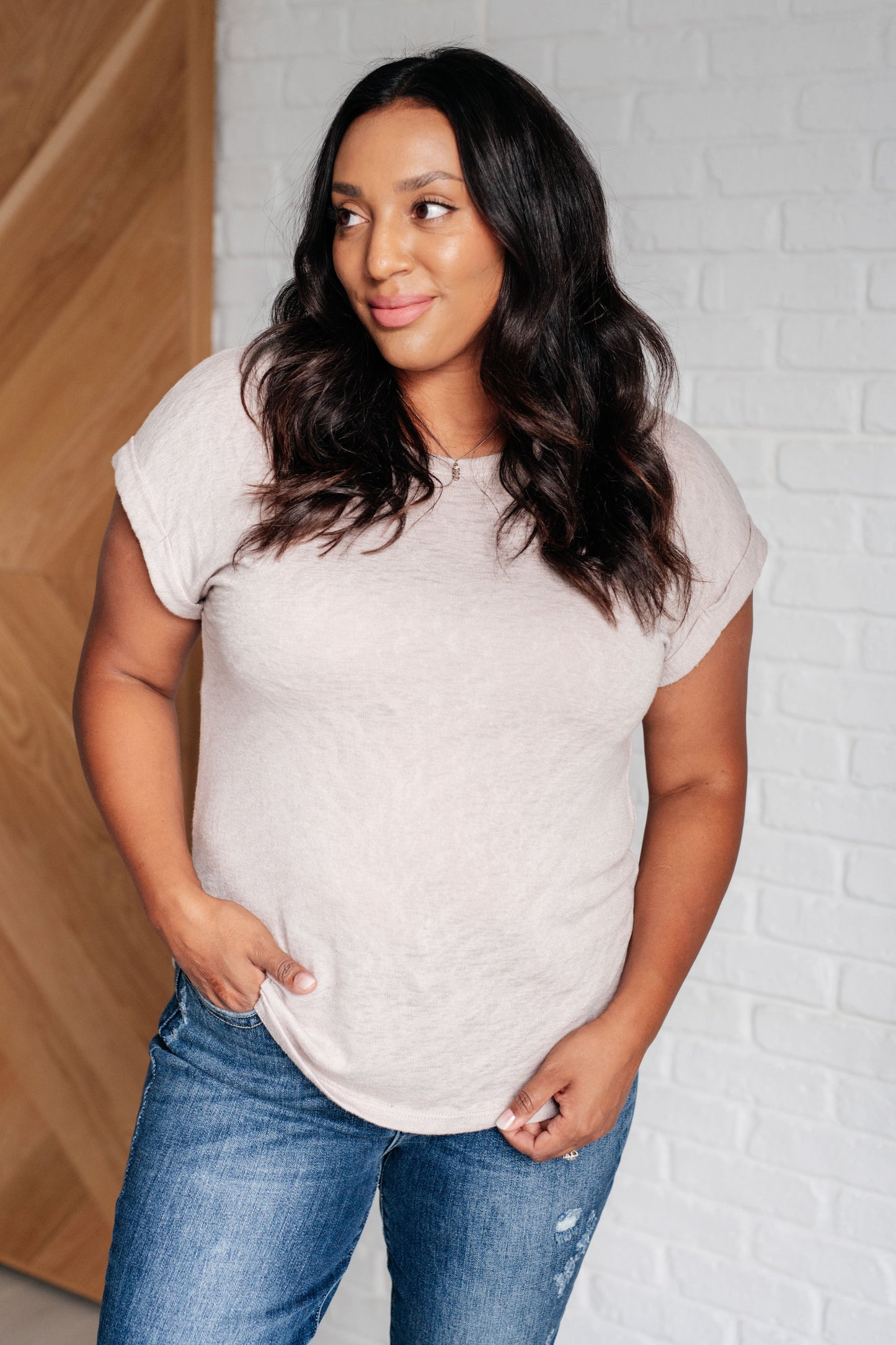 Plus size women's taupe t-shirt with burnout jersey knit and short dolman sleeves for comfort and style.