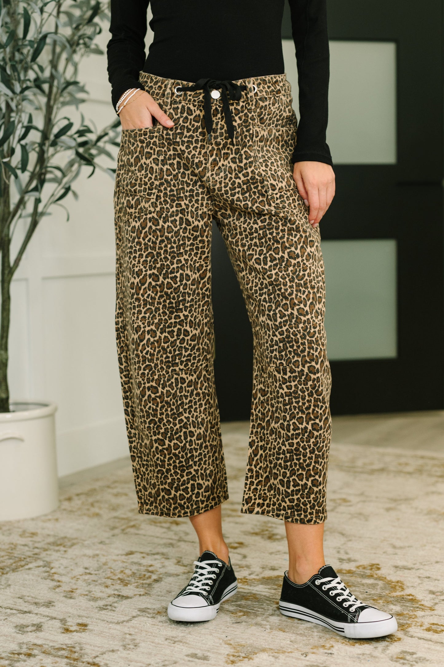 Front view of Mariah Barrel Ankle Crop Jean in khaki leopard print with wide leg cut