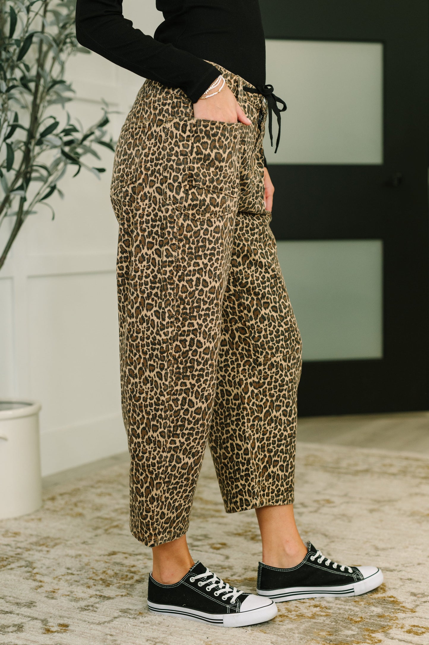 Side view of khaki leopard print Mariah Barrel Ankle Crop Jean with drawstring waist