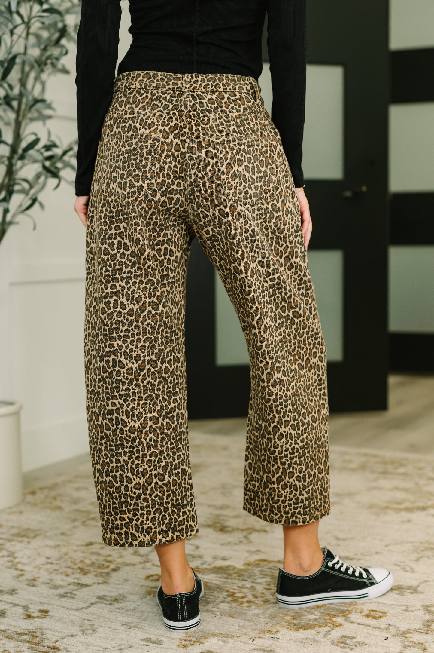 Back view of khaki leopard Mariah Barrel Ankle Crop Jean showing wide leg silhouette