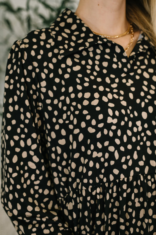 Close-up of Pru Collared Dress showing split collar and spotted pattern.